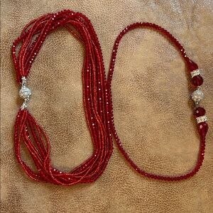 Glamorous Red Beaded Necklace Set with Silver Accents magnetic ends 2 in one